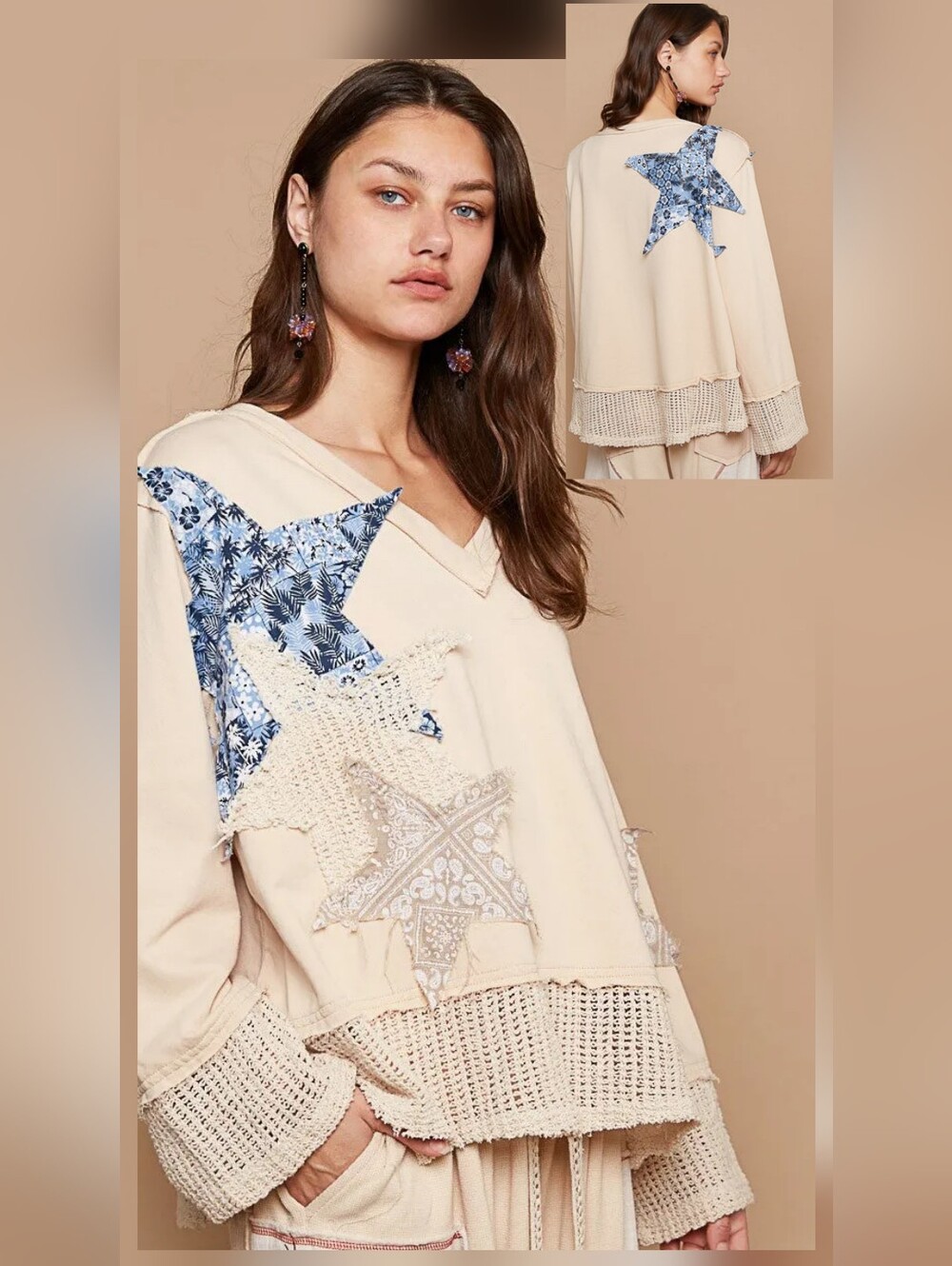 POL Solid Color French Terry Top with Star Patches in Almond V-Neck Sz S